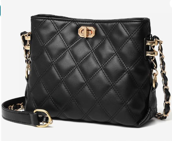 A black quilted crossbody bag with gold hardware and a gold chain strap, designer look for less