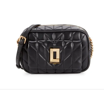 A black quilted crossbody bag with gold hardware and a gold chain strap. The bag features a gold "K" logo, designer look for less