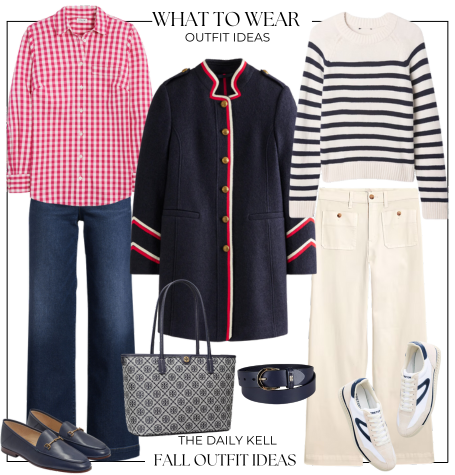 weekly styled look featuring Fall fashion outfit featuring a gingham shirt, wide-leg jeans, a striped sweater, a navy peacoat, loafers, sneakers, a tote bag, and a belt.