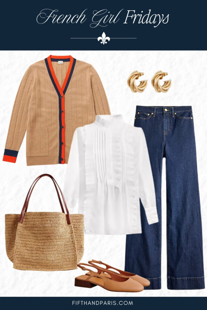 fifth fridays, French girl Fridays, outfit highlighting dark wash denim white ruffle trim blouse and a Kule cardigan with ballet flats from Sezane