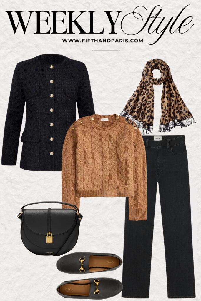 weekly style, French style, Parisian style, black coat with gold buttons, camel sweater with gold buttons, leopard scarf, black handbag, gucci loafers, frame le slim denim