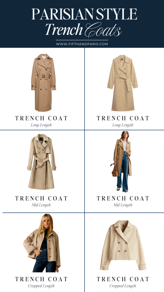 5 french fashion staples for spring, collage showing 6 trench coats for women
