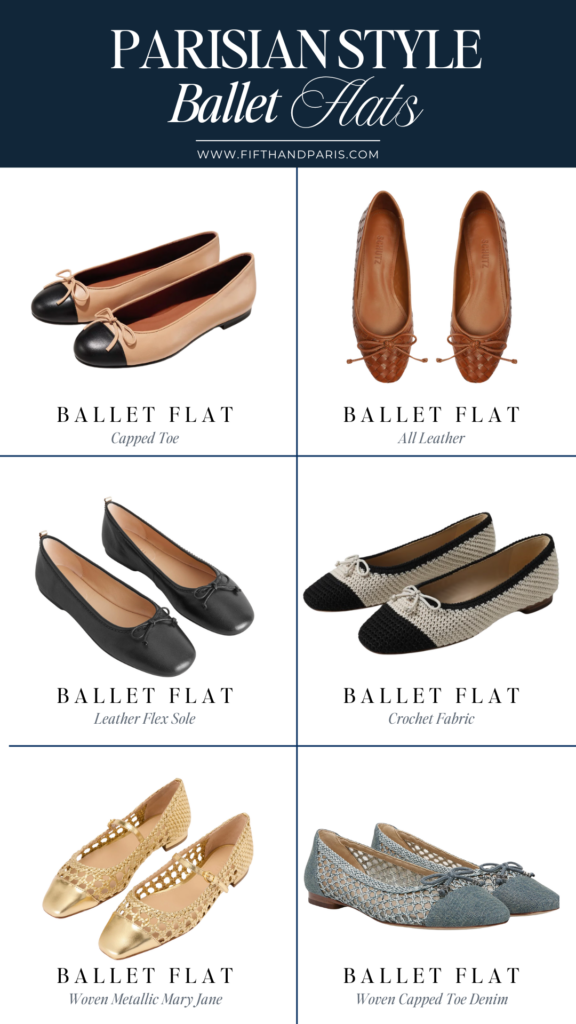 5 french fashion staples for spring, collage showing 6 pairs of ballet flats