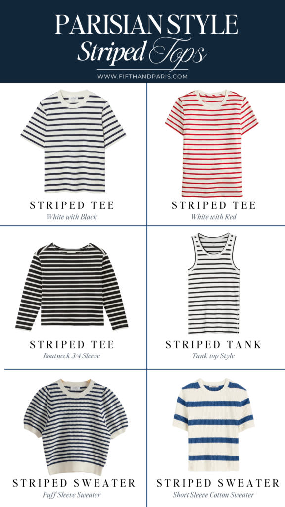 5 french fashion staples for spring, collage showing 6 striped tops for women, breton strip, breton striped tee