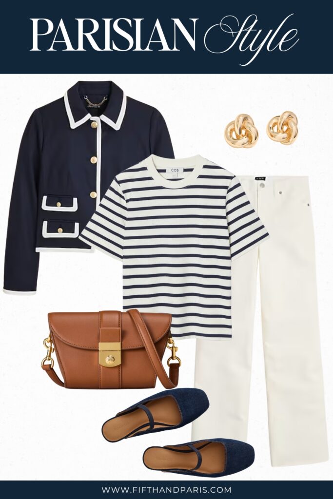 weekly style, French style, Parisian style, linen contrast trim J Crew jacket, Cos striped tee, cropped white denim jeans for women, denim maryjane slides, coganc handbag and gold earrings