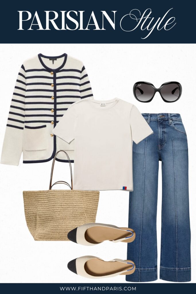 french style, parisian style, french fashion, French outfits, striped rag and bone cardigan, kale tee, cream tee by kale, gap market tote bag, rotes sling baks, capped toe slingback by frothy, rayon sunglasses, denim jeans