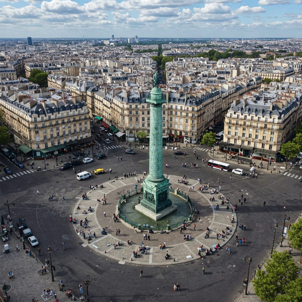 5 best places to visit paris in summer Place de las Bastille Basilllca Paris Overhead Shot