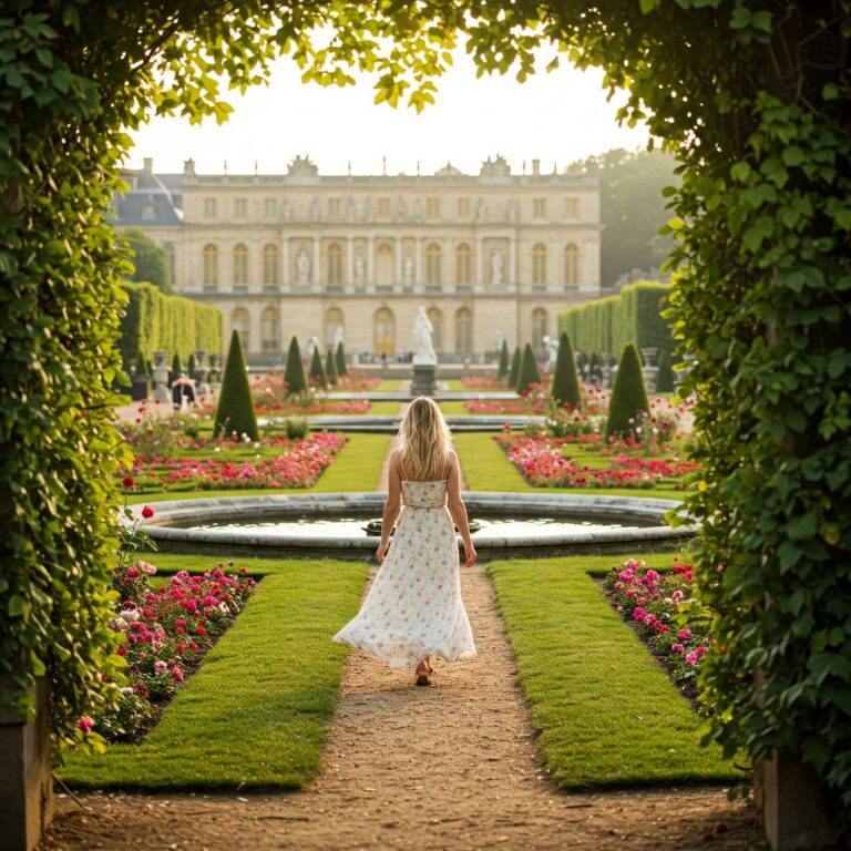 Best places to visit paris woman walking through gardens at palace of versailles