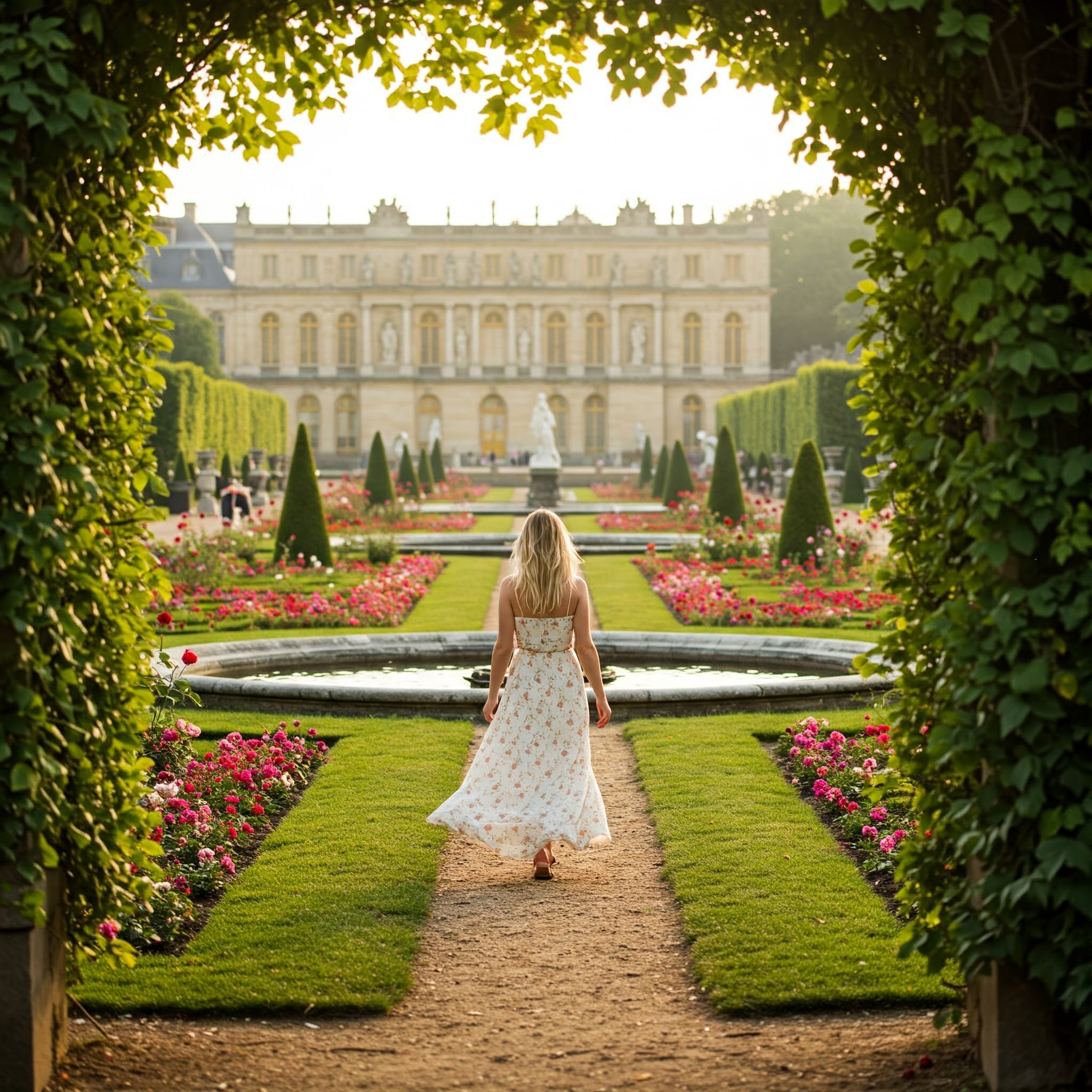 Best places to visit paris woman walking through gardens at palace of versailles