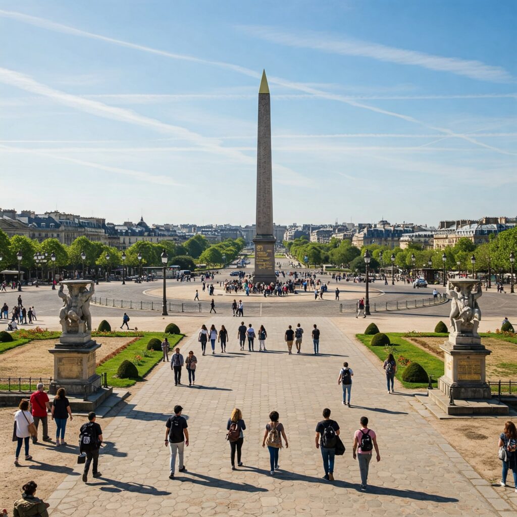 best places to visit in paris Place de la Concorde, square with peple looking at luxor obelisk