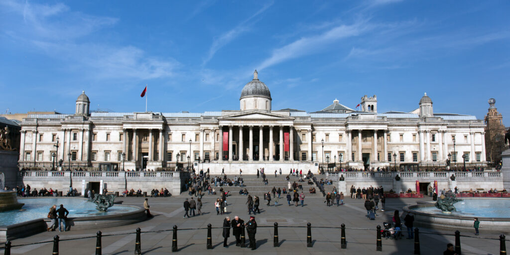weekend in london, photo shows a wide angle shot of the National Gallery in London from the front