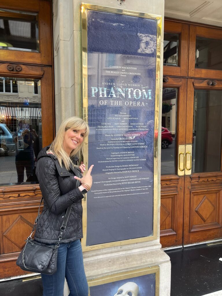 weekend in London, Phantom of the Opera His Majestys Theatre London West End, Blonde woman standing outside of the Phantom of the Opera in London