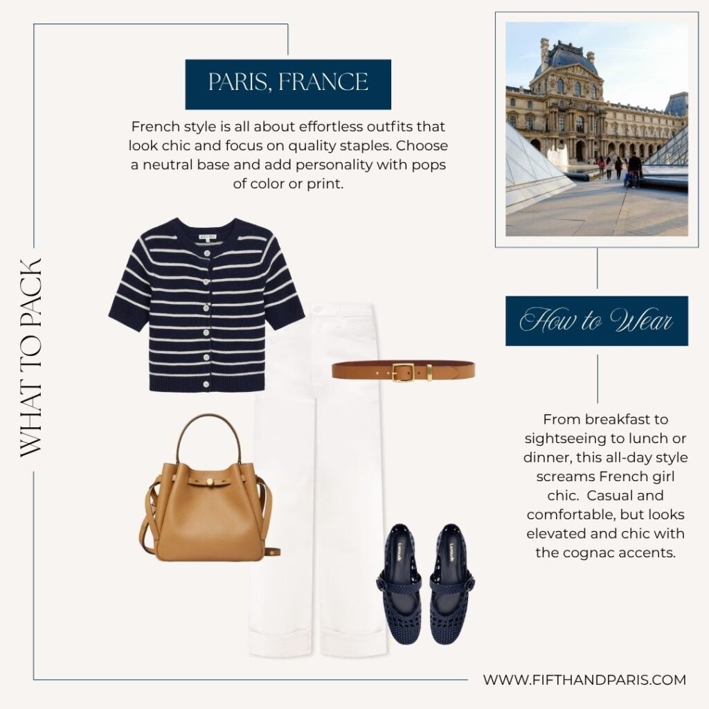 What to wear and what to Pack in Paris in summer, striped cardigan, white denim, black ballet falts, crossbody bag | Fifth and Paris