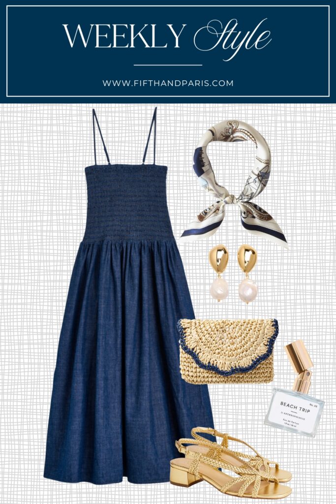 What to Wear in Paris, Weekly Style, summer denim, denim dress, mulberry silk scarf, pearl and gold drop earrings, raffia clutch, summer perfume